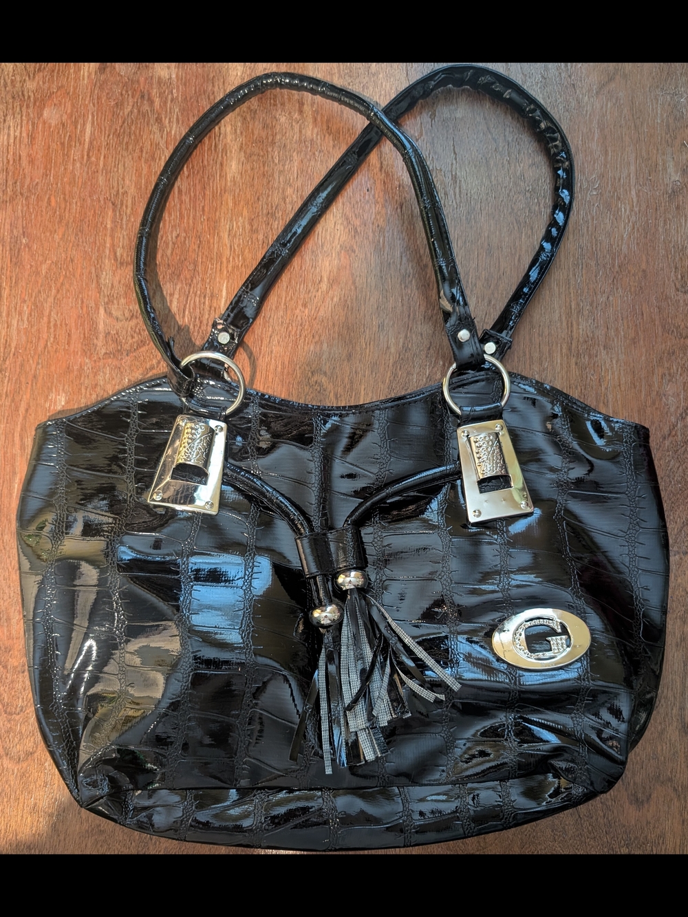 Vintage G by GUESS Black Crocodile Embossed Patent Hobo Purse Y2K